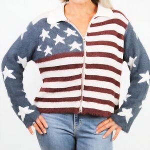 #10 POL Red, White And Blue Star & Stripe Fuzzy Cardigan